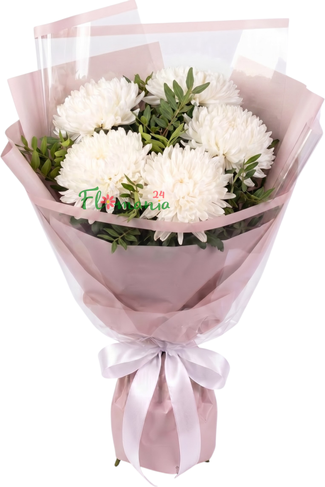 Букет из пушистых белоснежных хризантем «Этюд» с фисташкой